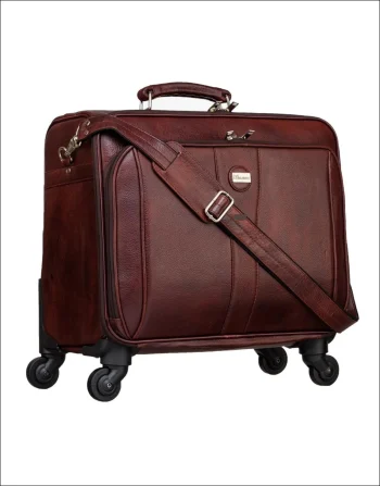 Elevate your professional travel with the Executive Leather Rolling Laptop Briefcase. Crafted from rich, textured mahogany leather with refined stitching, this multi-functional briefcase offers the ultimate blend of classic elegance and smart mobility for business trips, daily commutes, and conferences. Key Features: Dual Carrying Convenience: Includes a detachable, adjustable shoulder strap with a padded comfort pad, a heavy-duty top grab handle, and a hidden telescoping trolley system for effortless rolling. 360° Smooth Mobility: Outfitted with four multi-directional spinner wheels that deliver stable, glide-smooth maneuvering through busy airport terminals and office corridors. Smart Organization: Features a front zipper pocket for fast access to passports and phones, along with a wide-opening main compartment to comfortably house a laptop, documents, chargers, and overnight travel essentials. Premium Details: Accented with polished metallic hardware, durable swivel snap hooks, and a circular brand badge set against a burnished leather finish. Specifications: Material: Textured Leather / Faux Leather Color: Deep Mahogany / Chestnut Brown Carrying Options: Telescoping Trolley, Padded Shoulder Strap, Top Handle Wheels: 4 Multi-Directional Spinner Wheels